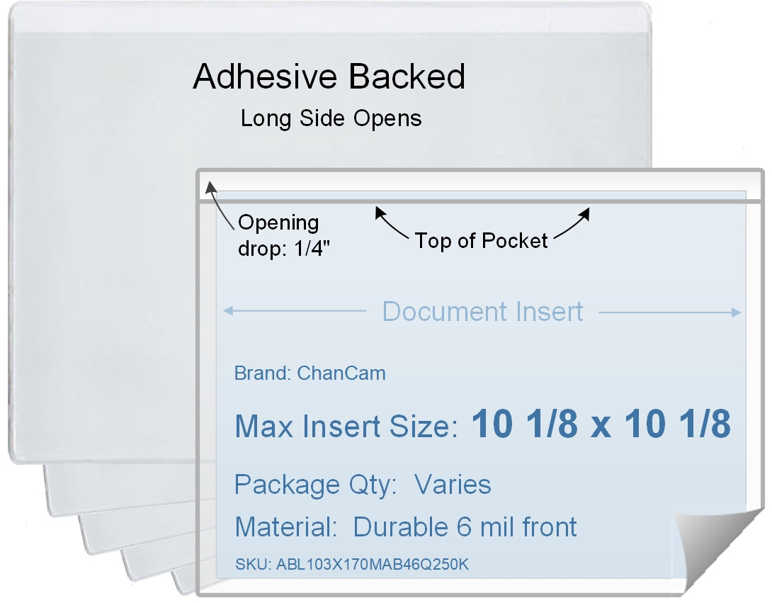 ChanCam vinyl sleeve, open long side, adhesive back, insert size: 10 1/8 x 10 1/8, product size: 10 3/8 x 10 3/8, package quantity 100, 4 mil adhesive back / 6 mil clear vinyl front