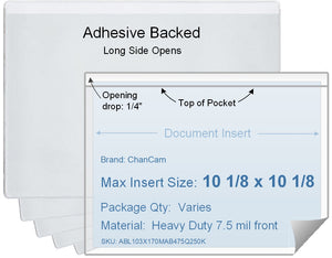 ChanCam vinyl sleeve, open long side, adhesive back, insert size: 10 1/8 x 10 1/8, product size: 10 3/8 x 10 3/8, package quantity 100, 4 mil adhesive back / heavy duty 7.5 mil clear vinyl front