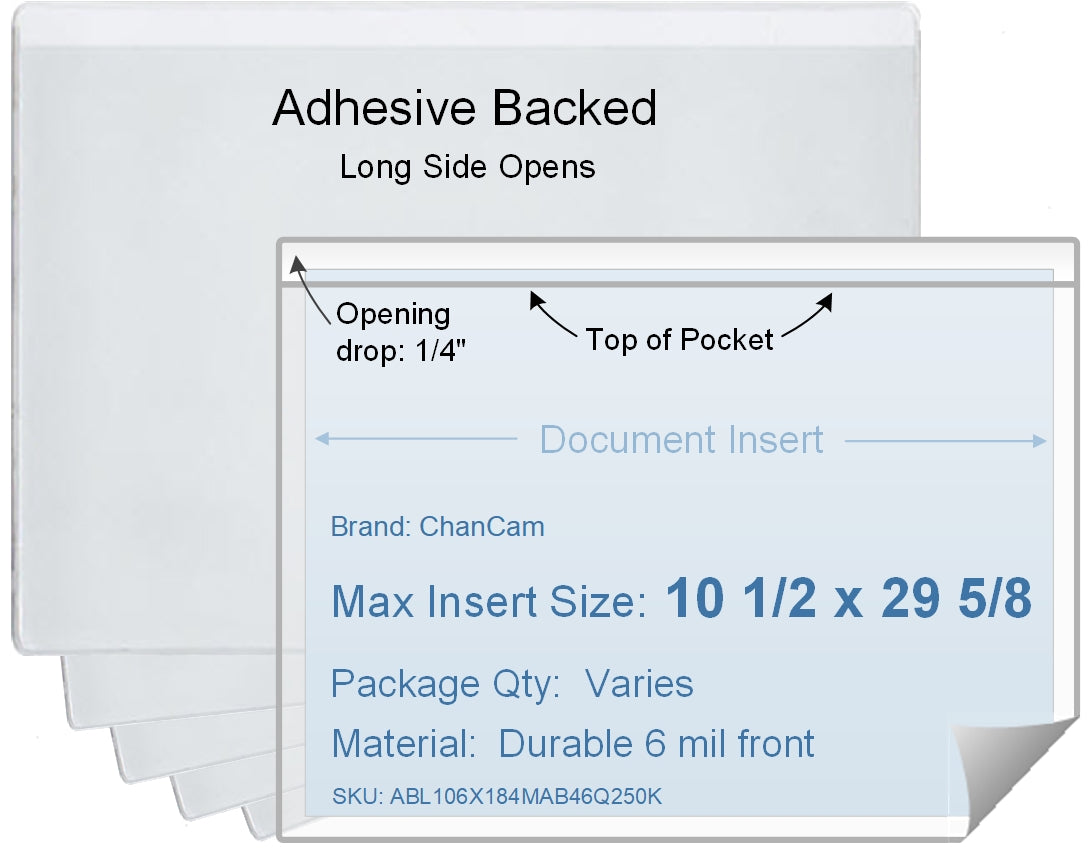 ChanCam vinyl sleeve, open long side, adhesive back, insert size: 29 5/8 x 10 1/2, product size: 29 7/8 x 10 3/4, package quantity 100, 4 mil adhesive back / 6 mil clear vinyl front