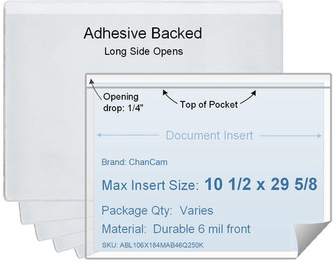 ChanCam vinyl sleeve, open long side, adhesive back, insert size: 29 5/8 x 10 1/2, product size: 29 7/8 x 10 3/4, package quantity 100, 4 mil adhesive back / 6 mil clear vinyl front