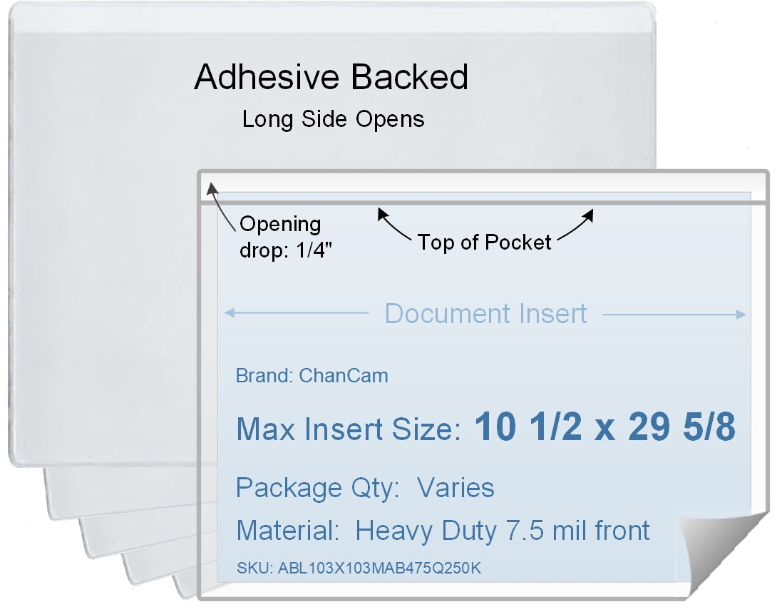 ChanCam vinyl sleeve, open long side, adhesive back, insert size: 29 5/8 x 10 1/2, product size: 29 7/8 x 10 3/4, package quantity 100, 4 mil adhesive back / heavy duty 7.5 mil clear vinyl front