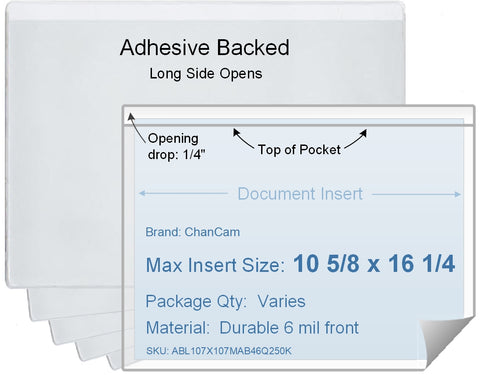 ChanCam vinyl sleeve, open long side, adhesive back, insert size: 16 1/4 x 10 5/8, product size: 16 1/2 x 10 7/8, package quantity 100, 4 mil adhesive back / 6 mil clear vinyl front