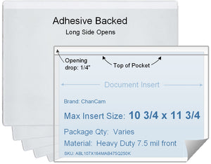 ChanCam vinyl sleeve, open long side, adhesive back, insert size: 11 3/4 x 10 3/4, product size: 12 x 11, package quantity 100, 4 mil adhesive back / heavy duty 7.5 mil clear vinyl front