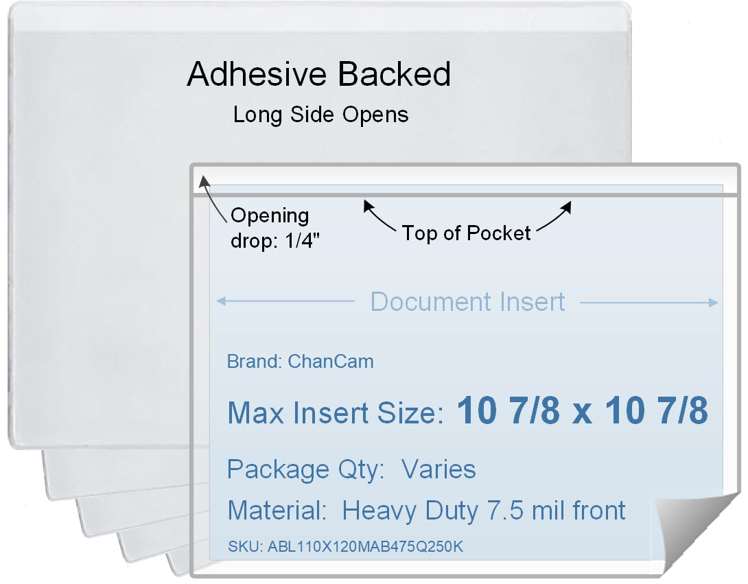 ChanCam vinyl sleeve, open long side, adhesive back, insert size: 10 7/8 x 10 7/8, product size: 11 1/8 x 11 1/8, package quantity 100, 4 mil adhesive back / heavy duty 7.5 mil clear vinyl front