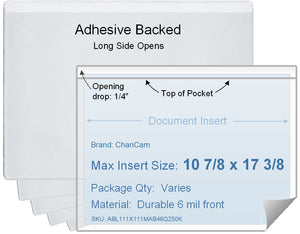 ChanCam vinyl sleeve, open long side, adhesive back, insert size: 17 3/8 x 10 7/8, product size: 17 5/8 x 11 1/8, package quantity 100, 4 mil adhesive back / 6 mil clear vinyl front