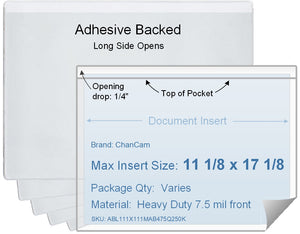 ChanCam vinyl sleeve, open long side, adhesive back, insert size: 17 1/8 x 11 1/8, product size: 17 3/8 x 11 3/8, package quantity 100, 4 mil adhesive back / heavy duty 7.5 mil clear vinyl front