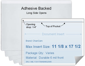 ChanCam vinyl sleeve, open long side, adhesive back, insert size: 17 1/2 x 11 1/8, product size: 17 3/4 x 11 3/8, package quantity 100, 4 mil adhesive back / 6 mil clear vinyl front