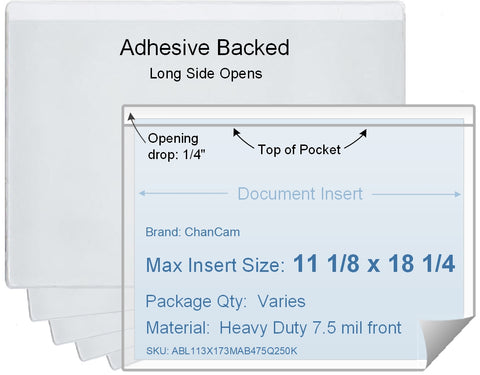 ChanCam vinyl sleeve, open long side, adhesive back, insert size: 18 1/4 x 11 1/8, product size: 18 1/2 x 11 3/8, package quantity 100, 4 mil adhesive back / heavy duty 7.5 mil clear vinyl front