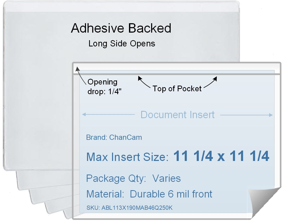 ChanCam vinyl sleeve, open long side, adhesive back, insert size: 11 1/4 x 11 1/4, product size: 11 1/2 x 11 1/2, package quantity 100, 4 mil adhesive back / 6 mil clear vinyl front