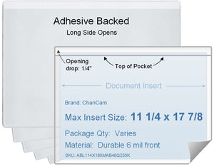 ChanCam vinyl sleeve, open long side, adhesive back, insert size: 17 7/8 x 11 1/4, product size: 18 1/8 x 11 1/2, package quantity 100, 4 mil adhesive back / 6 mil clear vinyl front