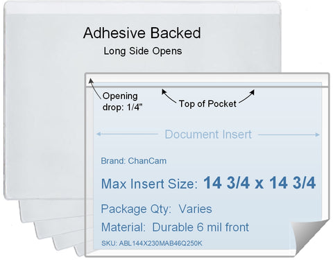 ChanCam vinyl sleeve, open long side, adhesive back, insert size: 14 3/4 x 14 3/4, product size: 15 x 15, package quantity 100, 4 mil adhesive back / 6 mil clear vinyl front