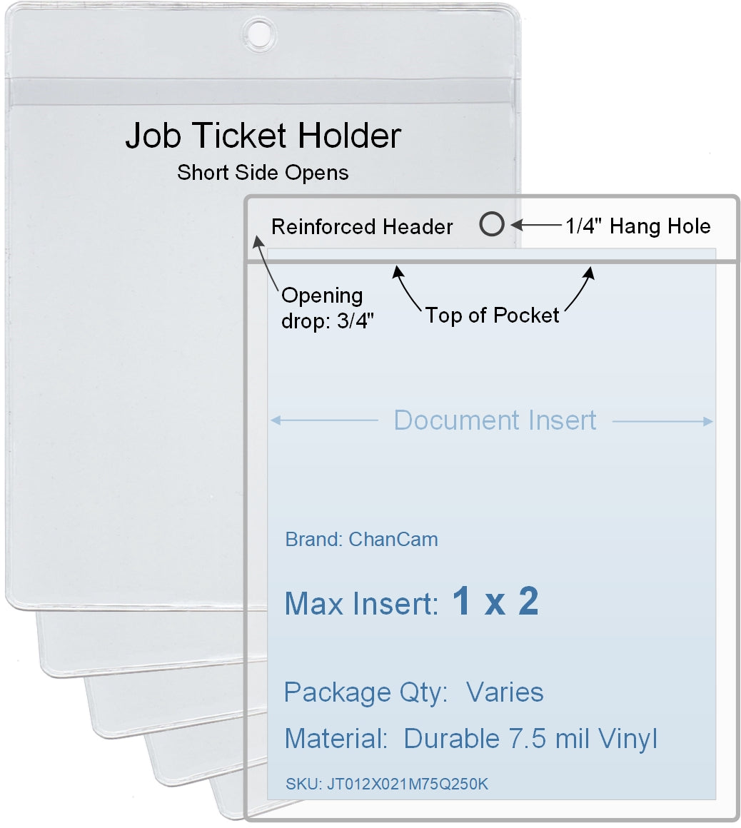 ChanCam vinyl sleeve, open short side, hanging document holder, insert size: 1 x 2, product size: 1 1/4 x 2 3/4, package quantity 100, 7.5 mil clear vinyl