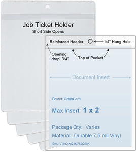 ChanCam vinyl sleeve, open short side, hanging document holder, insert size: 1 x 2, product size: 1 1/4 x 2 3/4, package quantity 100, 7.5 mil clear vinyl