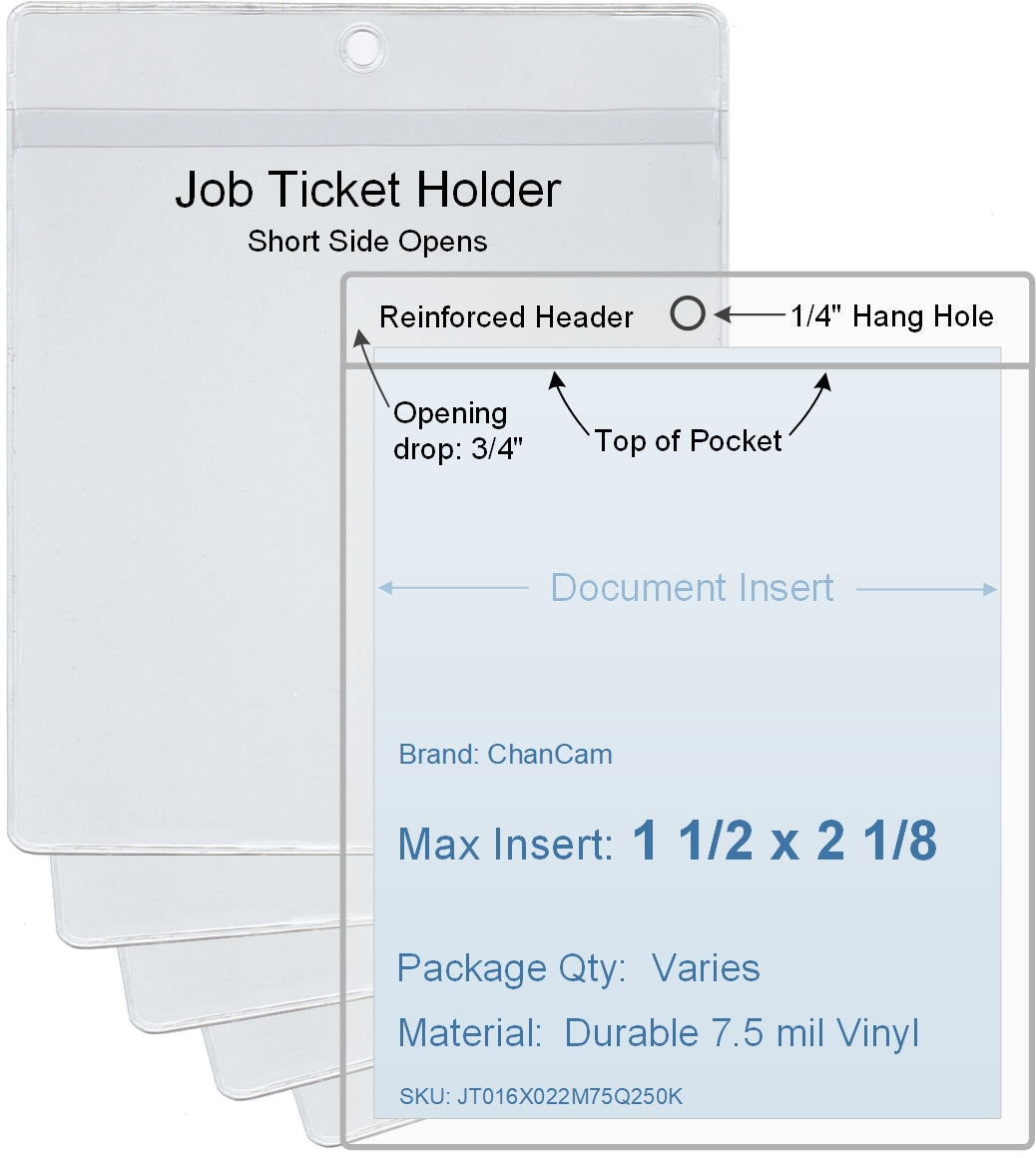 ChanCam vinyl sleeve, open short side, hanging document holder, insert size: 1 1/2 x 2 1/8, product size: 1 3/4 x 2 7/8, package quantity 100, 7.5 mil clear vinyl