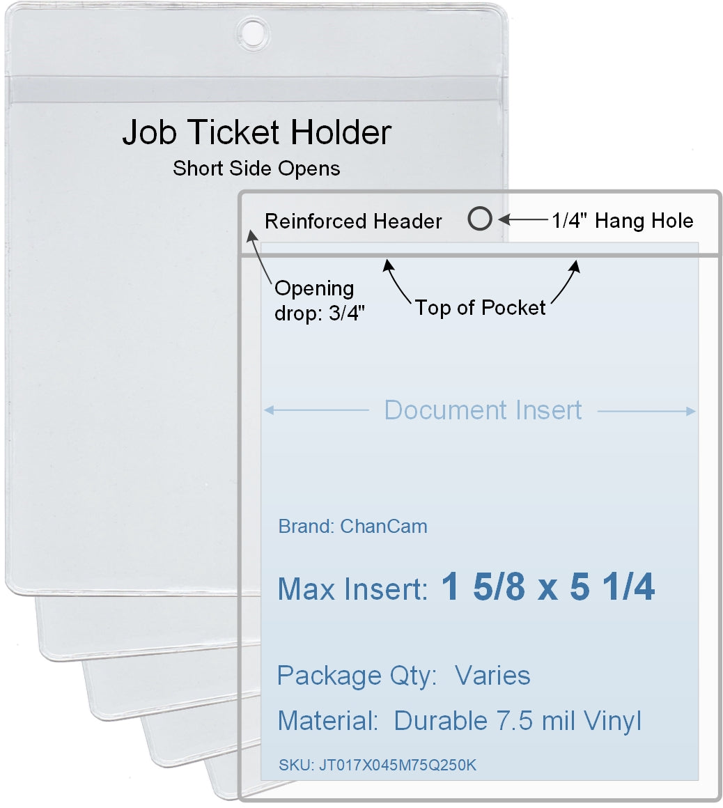 ChanCam vinyl sleeve, open short side, hanging document holder, insert size: 1 5/8 x 5 1/4, product size: 1 7/8 x 6, package quantity 100, 7.5 mil clear vinyl