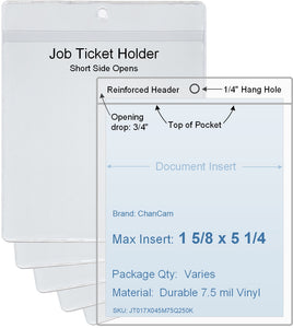 ChanCam vinyl sleeve, open short side, hanging document holder, insert size: 1 5/8 x 5 1/4, product size: 1 7/8 x 6, package quantity 100, 7.5 mil clear vinyl