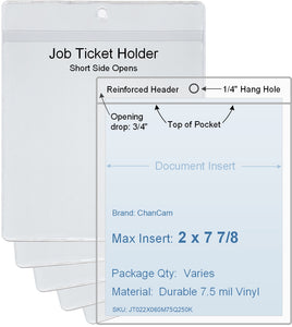 ChanCam vinyl sleeve, open short side, hanging document holder, insert size: 2 x 7 7/8, product size: 2 1/4 x 8 5/8, package quantity 100, 7.5 mil clear vinyl