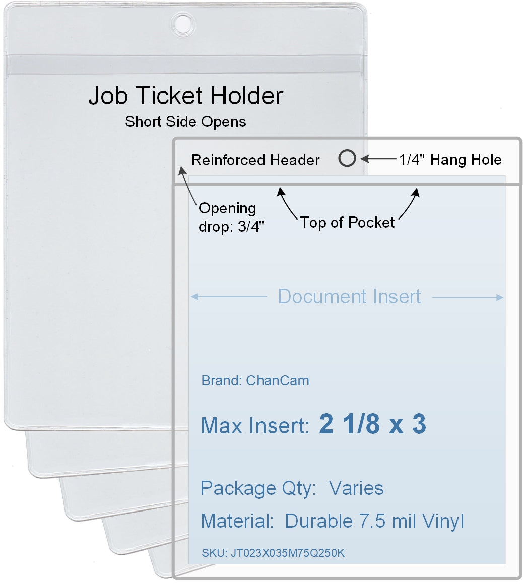 ChanCam vinyl sleeve, open short side, hanging document holder, insert size: 2 1/8 x 3, product size: 2 3/8 x 3 3/4, package quantity 100, 7.5 mil clear vinyl