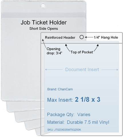 ChanCam vinyl sleeve, open short side, hanging document holder, insert size: 2 1/8 x 3, product size: 2 3/8 x 3 3/4, package quantity 100, 7.5 mil clear vinyl