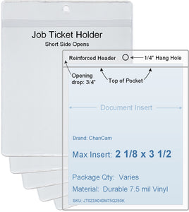 ChanCam vinyl sleeve, open short side, hanging document holder, insert size: 2 1/8 x 3 1/2, product size: 2 3/8 x 4 1/4, package quantity 100, 7.5 mil clear vinyl