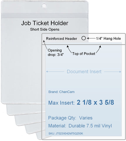 ChanCam vinyl sleeve, open short side, hanging document holder, insert size: 2 1/8 x 3 5/8, product size: 2 3/8 x 4 3/8, package quantity 100, 7.5 mil clear vinyl