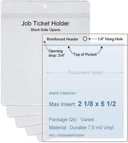 ChanCam vinyl sleeve, open short side, hanging document holder, insert size: 2 1/8 x 5 1/2, product size: 2 3/8 x 6 1/4, package quantity 100, 7.5 mil clear vinyl