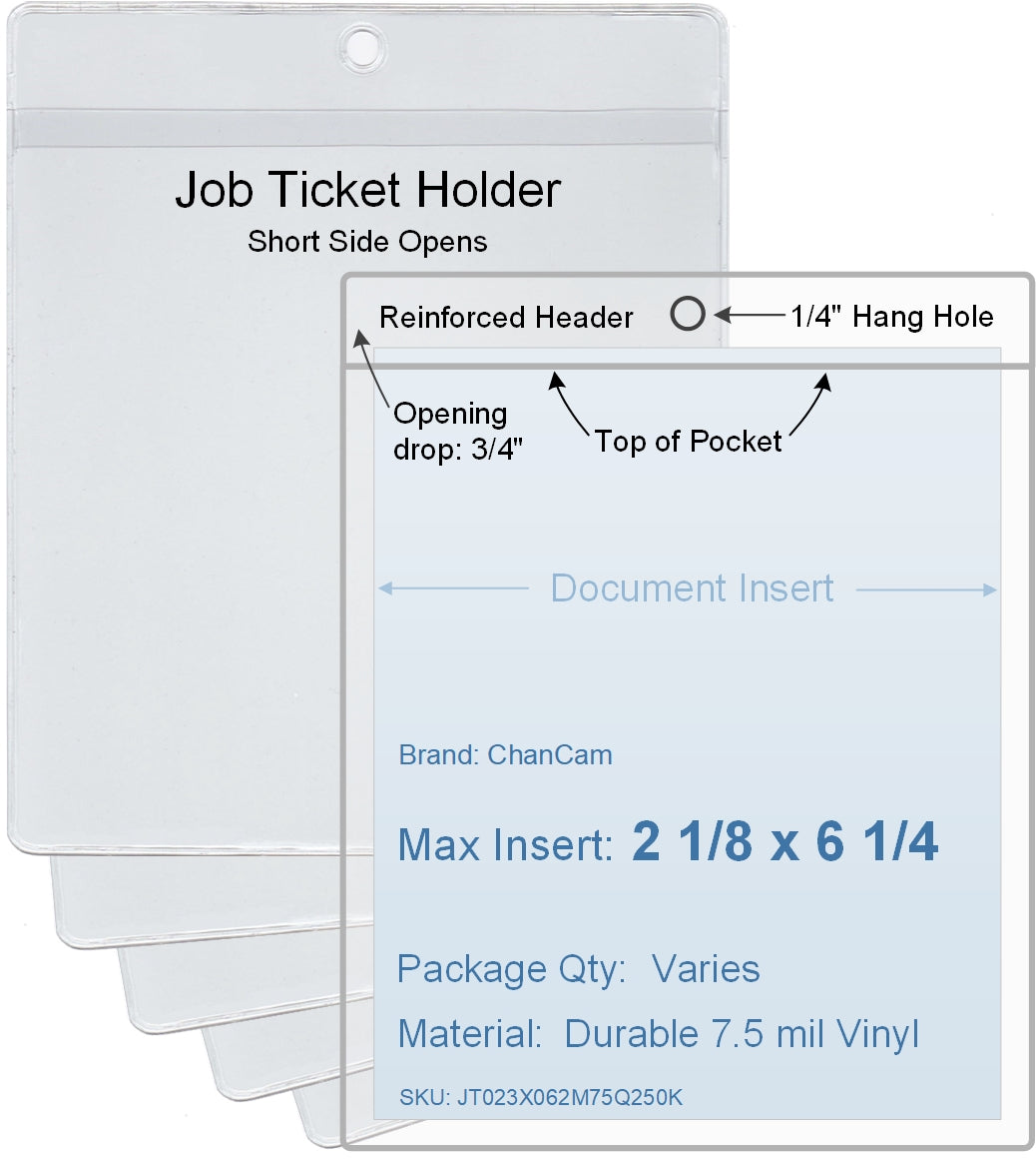 ChanCam vinyl sleeve, open short side, hanging document holder, insert size: 2 1/8 x 6 1/4, product size: 2 3/8 x 7, package quantity 100, 7.5 mil clear vinyl