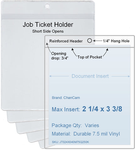 ChanCam vinyl sleeve, open short side, hanging document holder, insert size: 2 1/4 x 3 3/8, product size: 2 1/2 x 4 1/8, package quantity 100, 7.5 mil clear vinyl