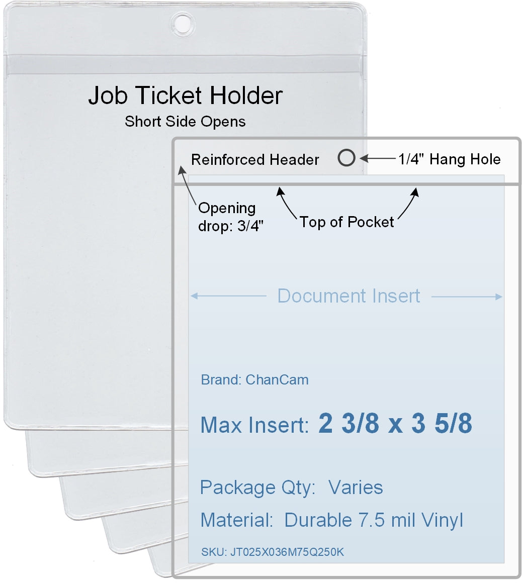 ChanCam vinyl sleeve, open short side, hanging document holder, insert size: 2 3/8 x 3 5/8, product size: 2 5/8 x 4 3/8, package quantity 100, 7.5 mil clear vinyl