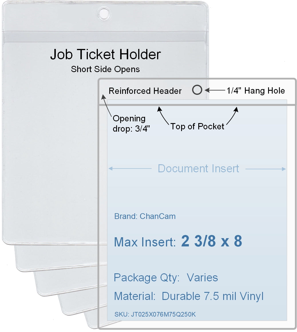 ChanCam vinyl sleeve, open short side, hanging document holder, insert size: 2 3/8 x 8, product size: 2 5/8 x 8 3/4, package quantity 100, 7.5 mil clear vinyl