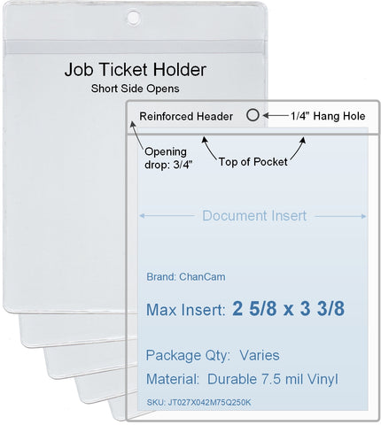 ChanCam vinyl sleeve, open short side, hanging document holder, insert size: 2 5/8 x 3 3/8, product size: 2 7/8 x 4 1/8, package quantity 250, 7.5 mil clear vinyl