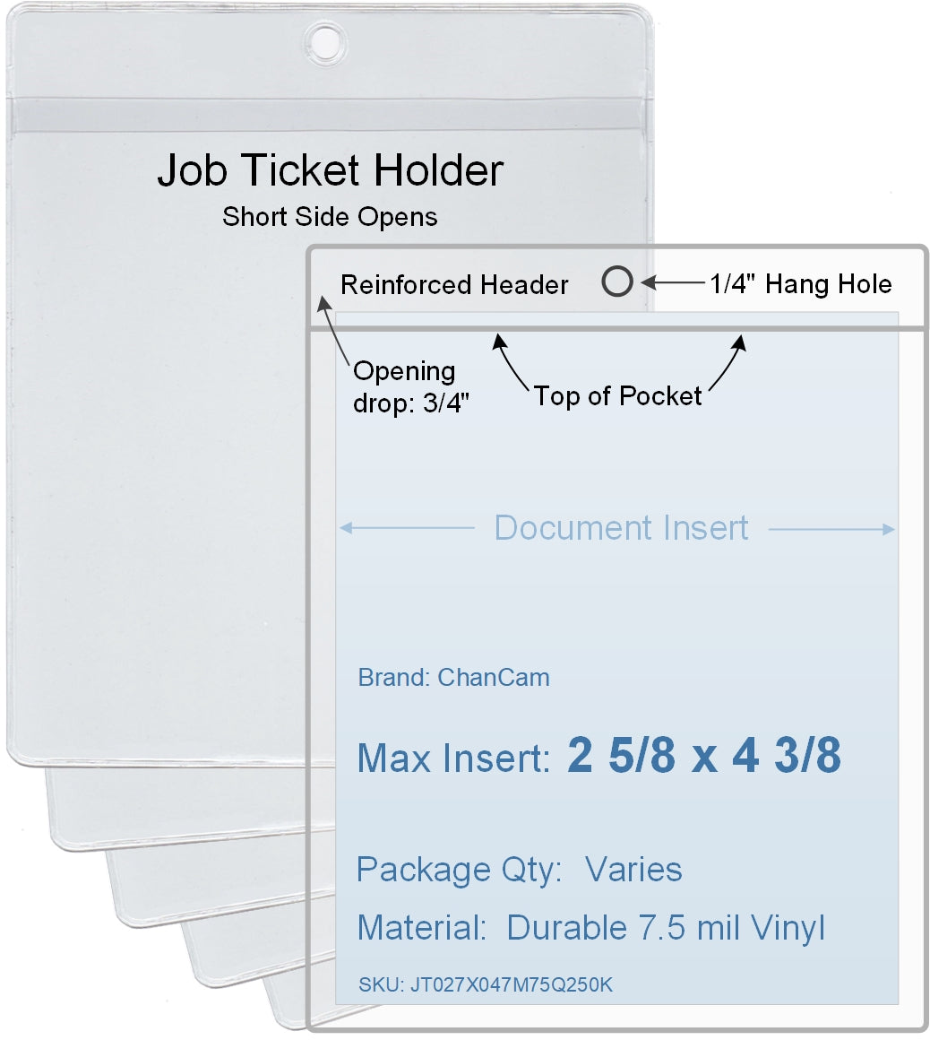 ChanCam vinyl sleeve, open short side, hanging document holder, insert size: 2 5/8 x 4 3/8, product size: 2 7/8 x 5 1/8, package quantity 100, 7.5 mil clear vinyl