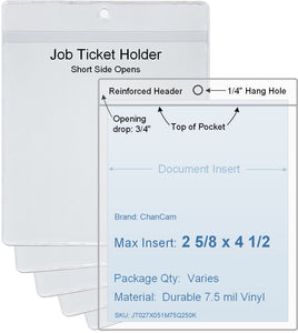 ChanCam vinyl sleeve, open short side, hanging document holder, insert size: 2 5/8 x 4 1/2, product size: 2 7/8 x 5 1/4, package quantity 100, 7.5 mil clear vinyl