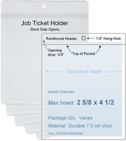 ChanCam vinyl sleeve, open short side, hanging document holder, insert size: 2 5/8 x 4 1/2, product size: 2 7/8 x 5 1/4, package quantity 100, 7.5 mil clear vinyl