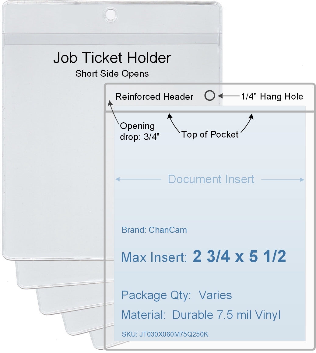 ChanCam vinyl sleeve, open short side, hanging document holder, insert size: 2 3/4 x 5 1/2, product size: 3 x 6 1/4, package quantity 100, 7.5 mil clear vinyl