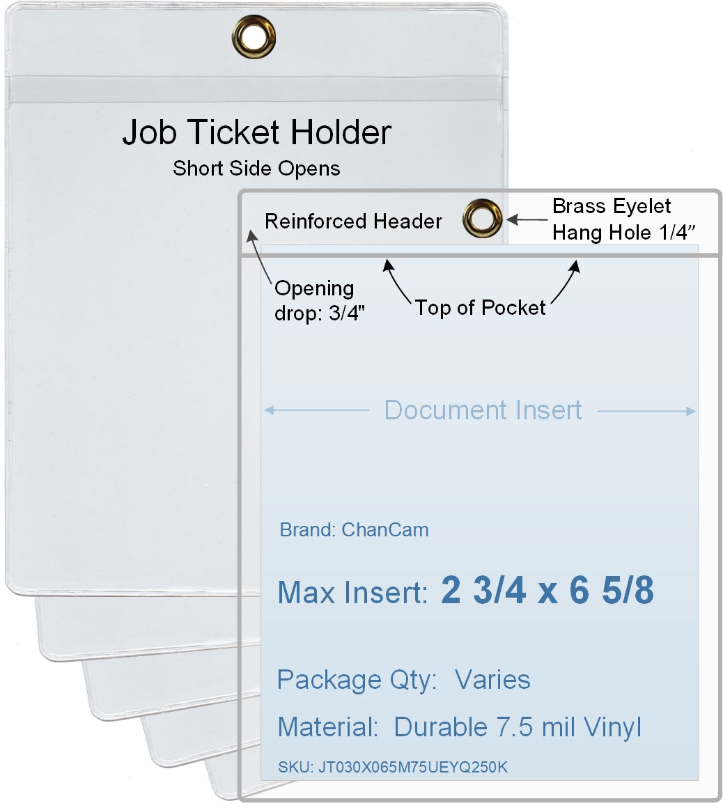 ChanCam vinyl sleeve, open short side, hanging document holder with brass eyelet, insert size: 2 3/4 x 6 5/8, product size: 3 x 7 3/8, package quantity 100, 7.5 mil clear vinyl