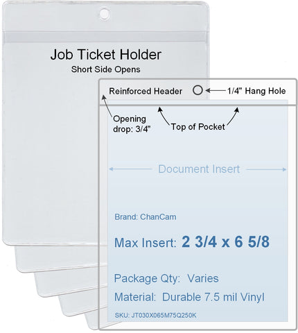 ChanCam vinyl sleeve, open short side, hanging document holder, insert size: 2 3/4 x 6 5/8, product size: 3 x 7 3/8, package quantity 100, 7.5 mil clear vinyl