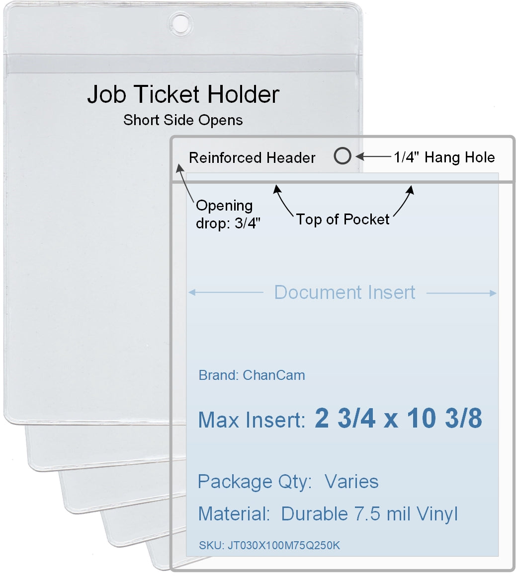 ChanCam vinyl sleeve, open short side, hanging document holder, insert size: 2 3/4 x 10 3/8, product size: 3 x 11 1/8, package quantity 100, 7.5 mil clear vinyl