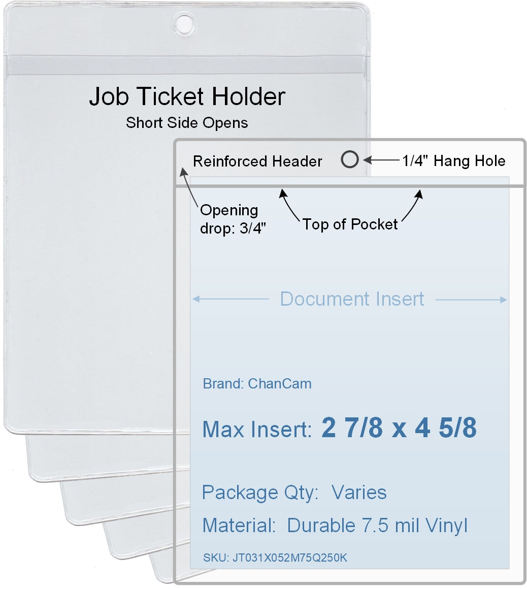 ChanCam vinyl sleeve, open short side, hanging document holder, insert size: 2 7/8 x 4 5/8, product size: 3 1/8 x 5 3/8, package quantity 100, 7.5 mil clear vinyl