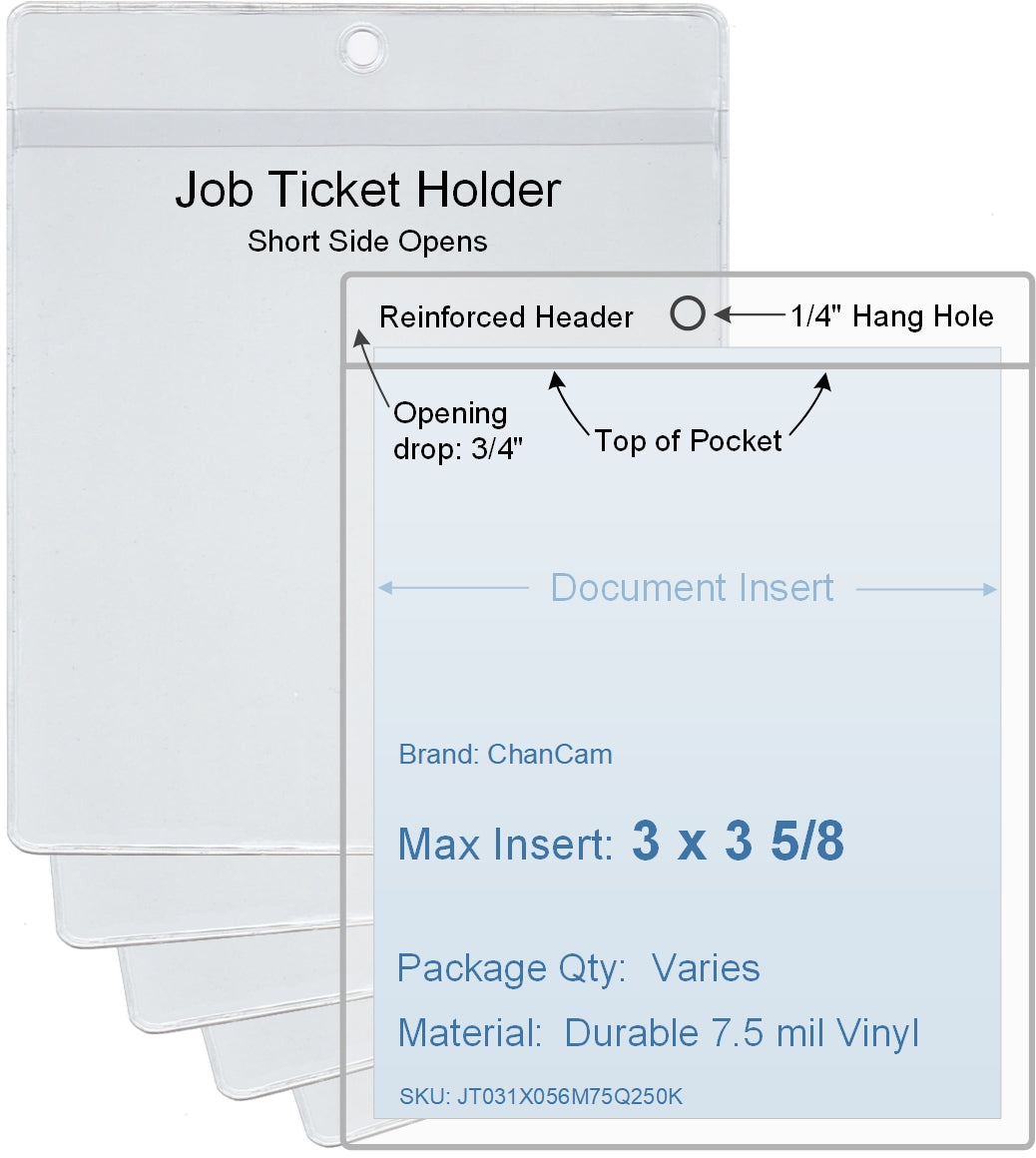 ChanCam vinyl sleeve, open short side, hanging document holder, insert size: 3 x 3 5/8, product size: 3 1/4 x 4 3/8, package quantity 100, 7.5 mil clear vinyl