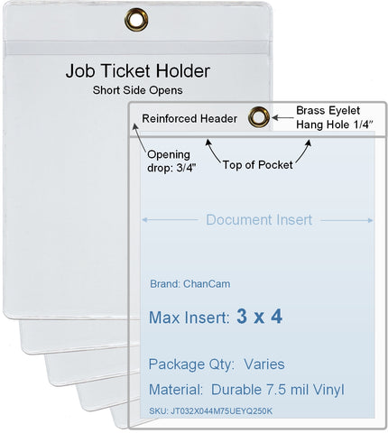 ChanCam vinyl sleeve, open short side, hanging document holder with brass eyelet, insert size: 3 x 4, product size: 3 1/4 x 4 3/4, package quantity 100, 7.5 mil clear vinyl