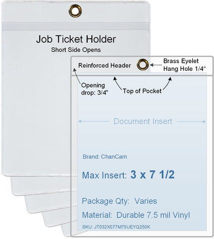 ChanCam vinyl sleeve, open short side, hanging document holder with brass eyelet, insert size: 3 x 7 1/2, product size: 3 1/4 x 8 1/4, package quantity 100, 7.5 mil clear vinyl