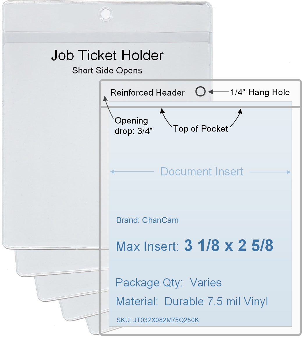 ChanCam vinyl sleeve, open long side, hanging document holder, insert size: 2 5/8 x 3 1/8, product size: 3 3/8 x 3 3/8, package quantity 100, 7.5 mil clear vinyl