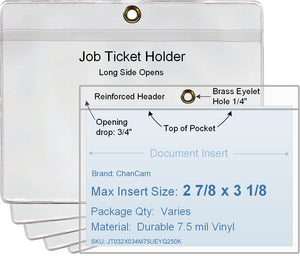 ChanCam vinyl sleeve, open long side, hanging document holder with brass eyelet, insert size: 2 7/8 x 3 1/8, product size: 3 5/8 x 3 3/8, package quantity 100, 7.5 mil clear vinyl