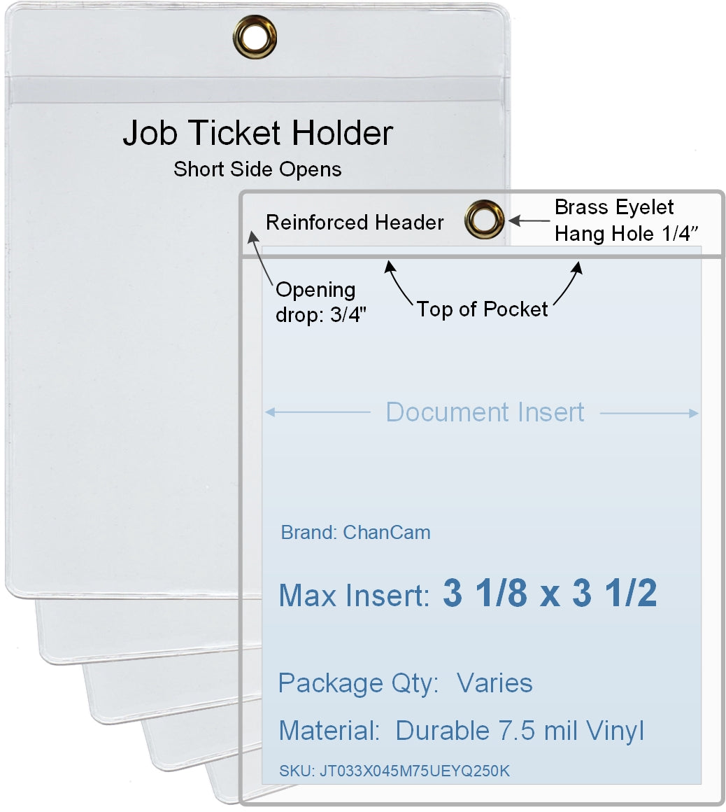 ChanCam vinyl sleeve, open short side, hanging document holder with brass eyelet, insert size: 3 1/8 x 3 1/2, product size: 3 3/8 x 4 1/4, package quantity 100, 7.5 mil clear vinyl