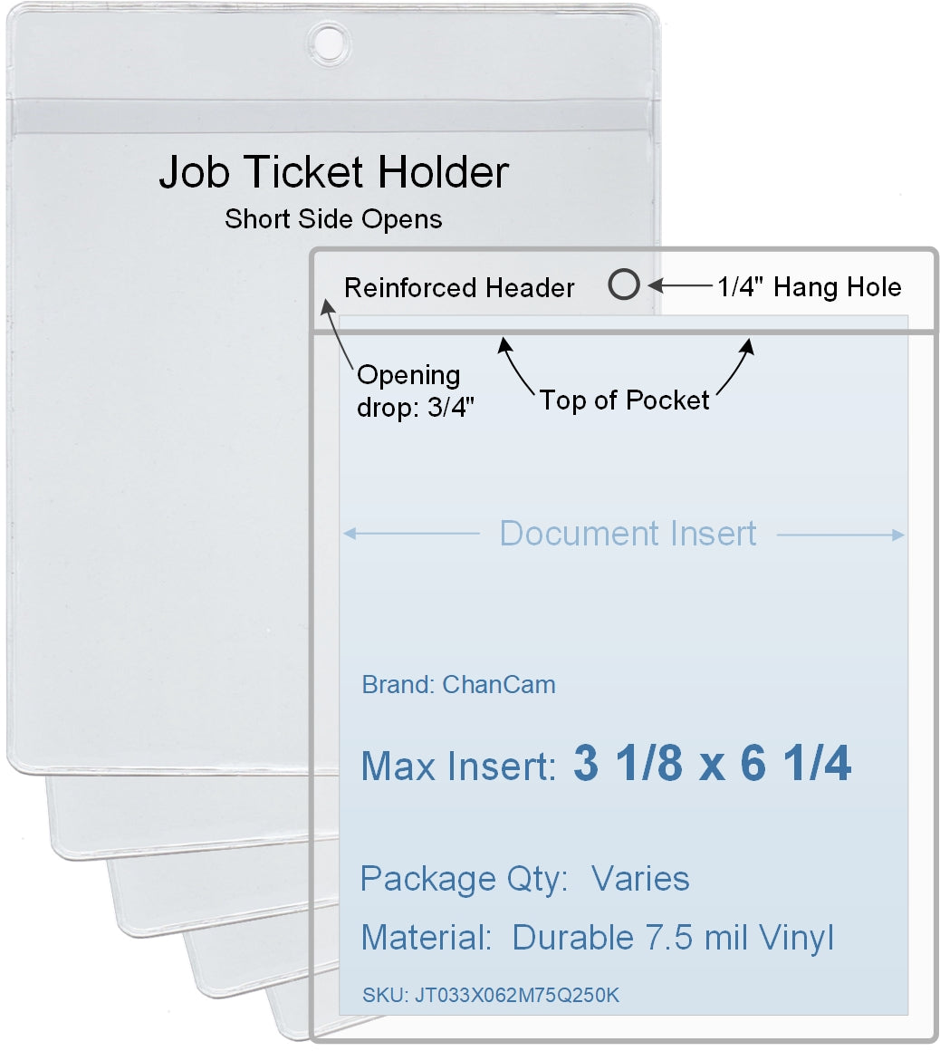 ChanCam vinyl sleeve, open short side, hanging document holder, insert size: 3 1/8 x 6 1/4, product size: 3 3/8 x 7, package quantity 100, 7.5 mil clear vinyl