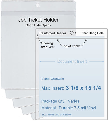 ChanCam vinyl sleeve, open short side, hanging document holder, insert size: 3 1/8 x 15 1/4, product size: 3 3/8 x 16, package quantity 100, 7.5 mil clear vinyl