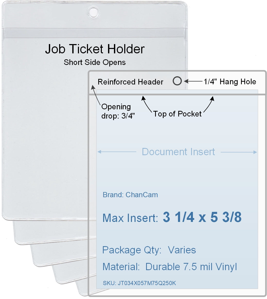 ChanCam vinyl sleeve, open short side, hanging document holder, insert size: 3 1/4 x 5 3/8, product size: 3 1/2 x 6 1/8, package quantity 100, 7.5 mil clear vinyl