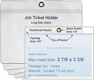 ChanCam vinyl sleeve, open long side, hanging document holder with brass eyelet, insert size: 2 7/8 x 3 3/8, product size: 3 5/8 x 3 5/8, package quantity 100, 7.5 mil clear vinyl