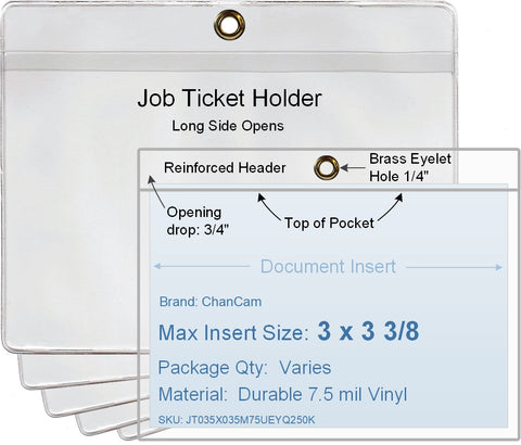 ChanCam vinyl sleeve, open long side, hanging document holder with brass eyelet, insert size: 3 x 3 3/8, product size: 3 3/4 x 3 5/8, package quantity 100, 7.5 mil clear vinyl